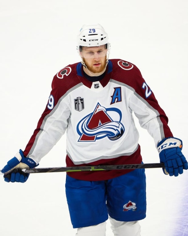 Jun 20, 2022; Tampa, Florida, USA; Colorado Avalanche center Nathan MacKinnon (29) looks on during a stopage in play against the Tampa Bay Lightning during the first period in game three of the 2022 Stanley Cup Final at Amalie Arena. Mandatory Credit: Mark J. Rebilas-USA TODAY Sports